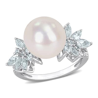 Miadora 11-12mm Cultured Freshwater Pearl and 1 1/5ct TGW Aquamarine and 1/10ct TDW Diamond Flower Ring in Sterling Silver