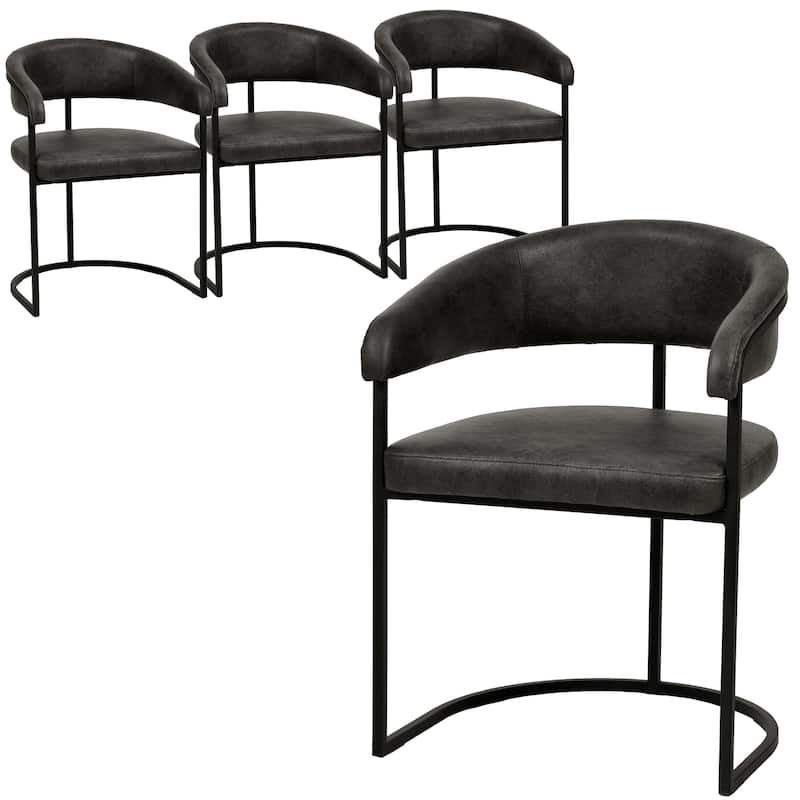 LeisureMod Set of 4 Aero Upholstered Leather Dining Side Chair - Contemporary Arm Chair with Black Iron Frame - Charcoal