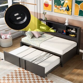 Twin Size Daybed with Twin Size Trundle Bed, Bed with Metal Frame and