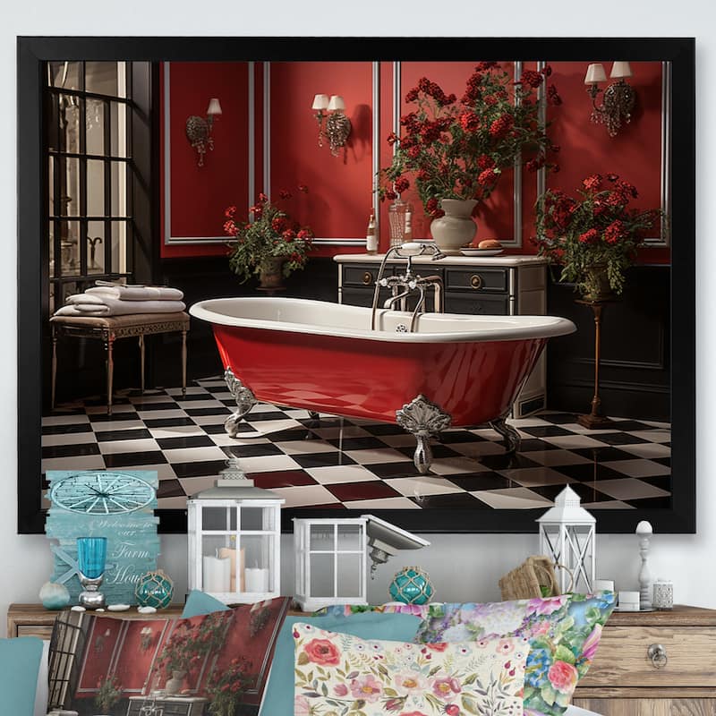 Designart "Red Modern Bathroom Charm IV" Bath & Laundry Framed Wall Art Prints - Black - 44 in. wide x 34 in. high