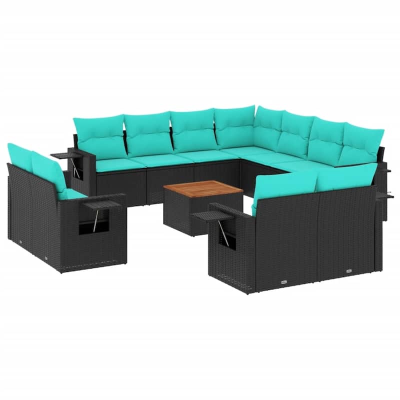 vidaXL 12 Piece Patio Sofa Set with Cushions Black Poly Rattan - 24.4 x 24.4 x 27.2