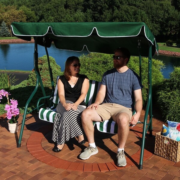 Sunnydaze 3 Person Striped Cushion Seat Outdoor Canopy Porch Patio Swing Green Bed Bath Beyond 28736860
