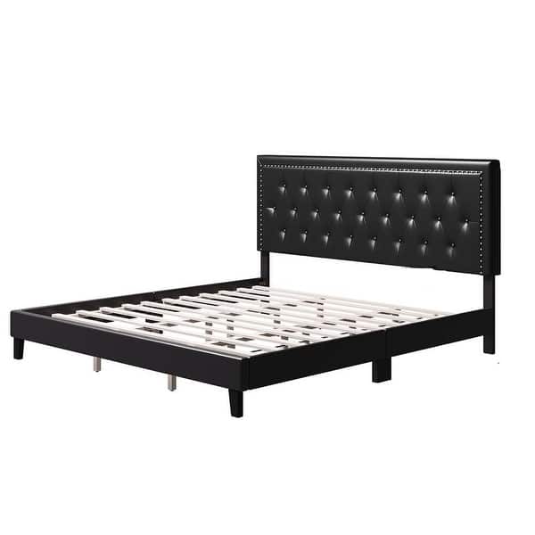 Wood Slat Support Bed Frame with Diamond Button Tufted Bed Bath