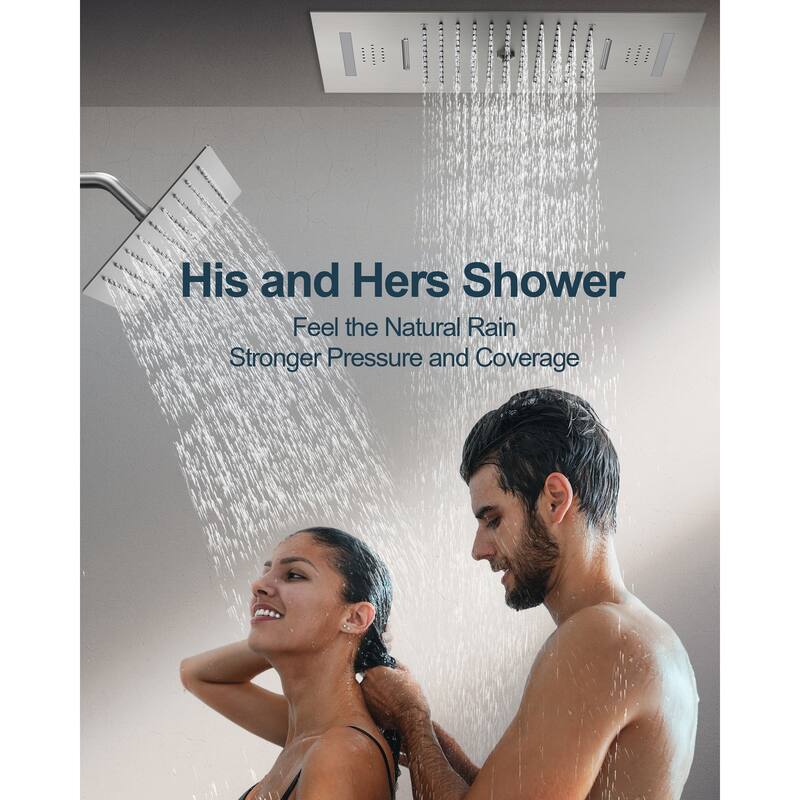 GRANDJOY Dual Shower Heads System with 3 Spray Modes 22"*15" Ceiling and 6" Wall Mount Body Jets Handheld Spray LED Music