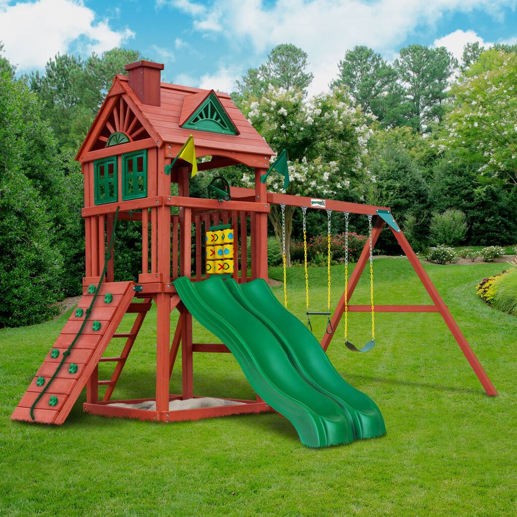 Gorilla Playsets Double Down II Wooden Swing Set with Dual Wave Slides - Redwood - 15.5 ft W x 13 ft D x 10.5 ft H