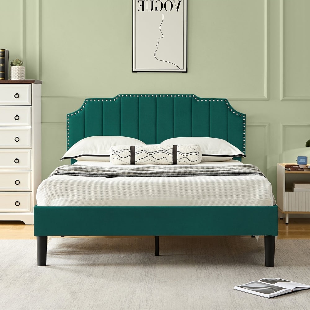 VECELO Upholstered Bed Frame with Nailhead Trim Adjustable Height Headboard, Twin/Full/Queen Size Bedframes
