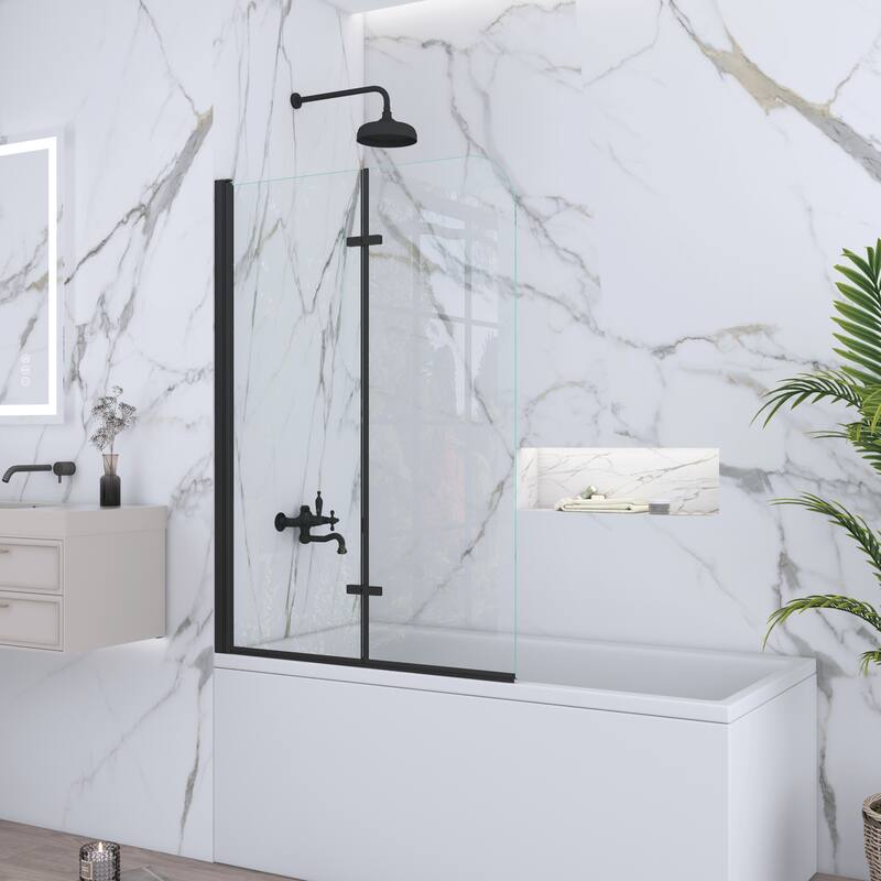 39 in. W x 55 in. H Pivot Tub Door in Matte Black with Clear Tempered Glass