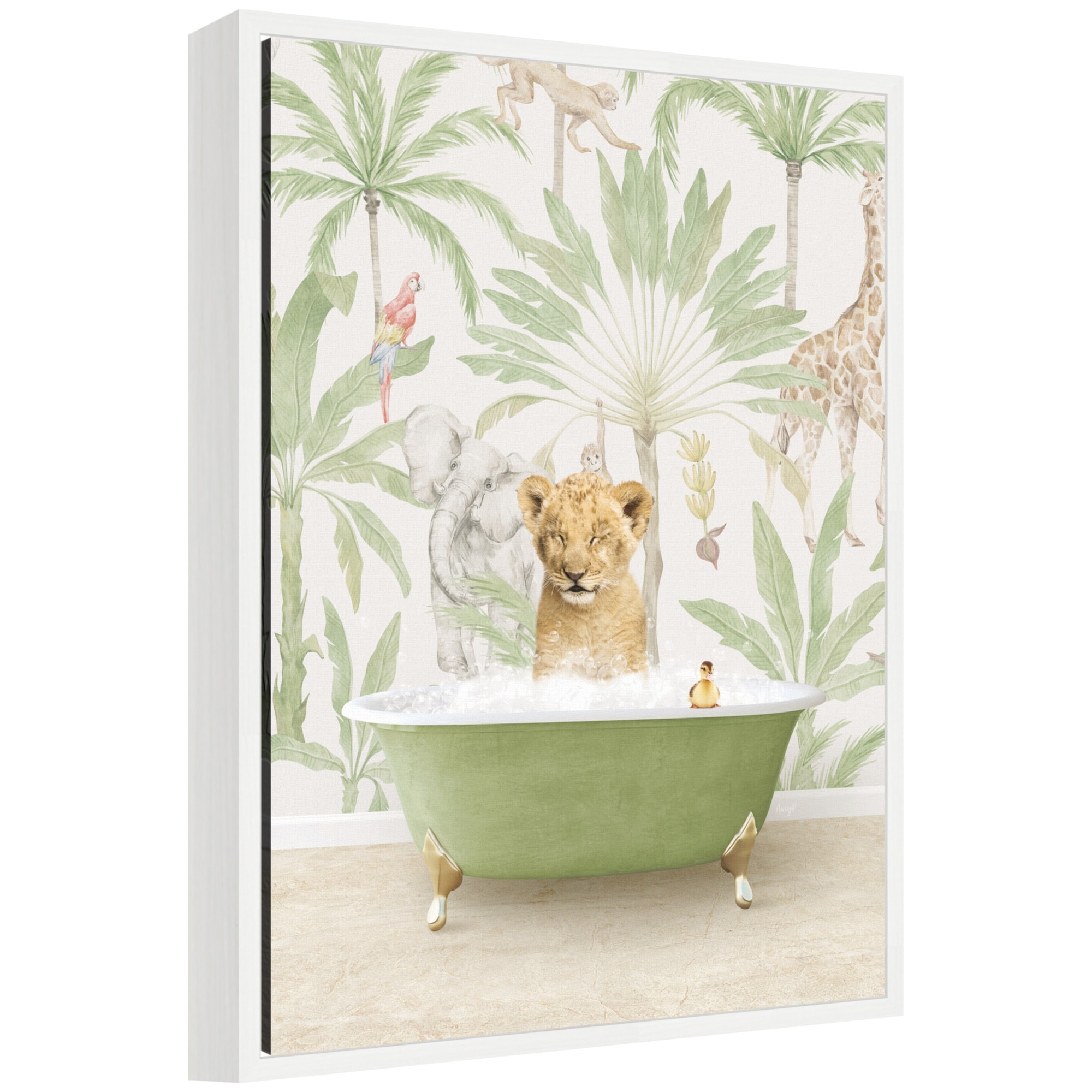 Kate and Laurel Sylvie Lion Cub in Wild Safari Bathtub Framed Canvas by Amy Peterson