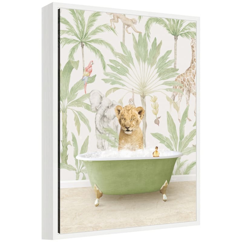 Kate and Laurel Sylvie Lion Cub in Wild Safari Bathtub Framed Canvas by Amy Peterson - White