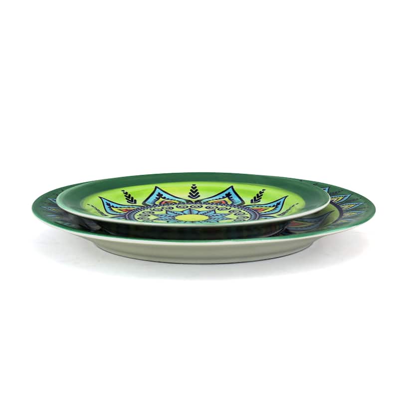 Intricate Floral Pattern Round Stoneware Dinnerware Set in Moss 16 Pieces