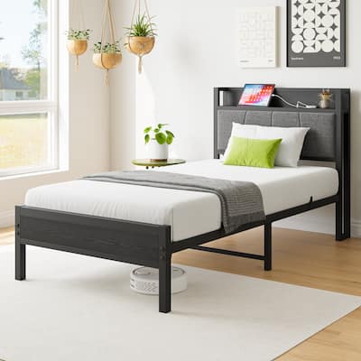 Grey Twin Metal & Wood Platform Bed Frame with Storage Headboard and Charging Station