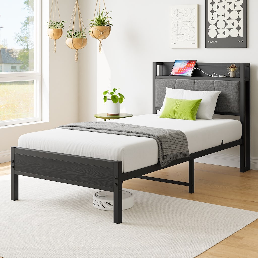 Twin Size Bed Frame, Storage Headboard with Charging Station, Solid and Stable, No Box Spring Needed, Easy Assembly