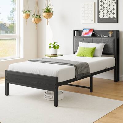 Twin Size Bed Frame with Headboard, Charging Station, No Box Spring Needed