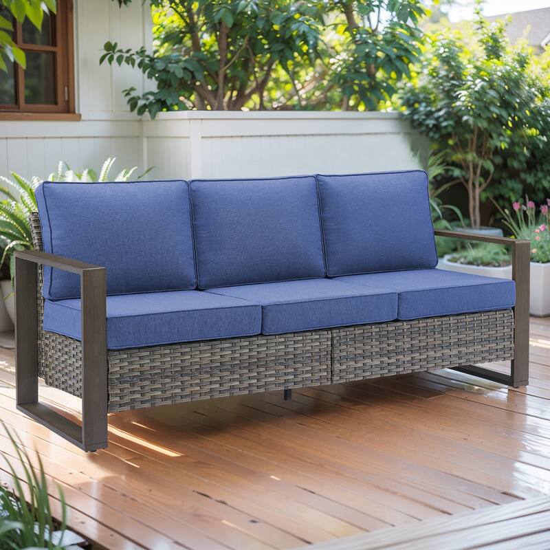 Gymojoy PE Wicker Patio Sofa Sectional Sets - Grey Wicker - Blue Cusion