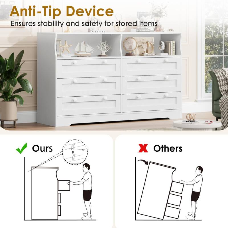 6 Drawer Dresser with RGB LED Lights, Power Outlet & 2 Open Shelves