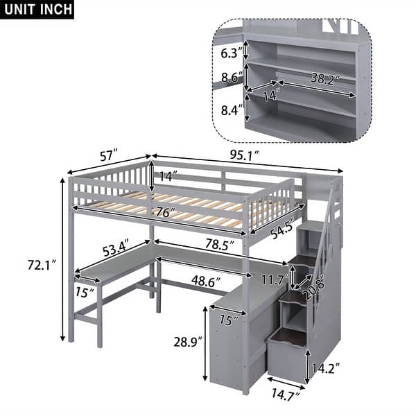 Full Size Loft Bed with Built-in L-Shaped Desk, Storage Shelves, and Storage Staircase