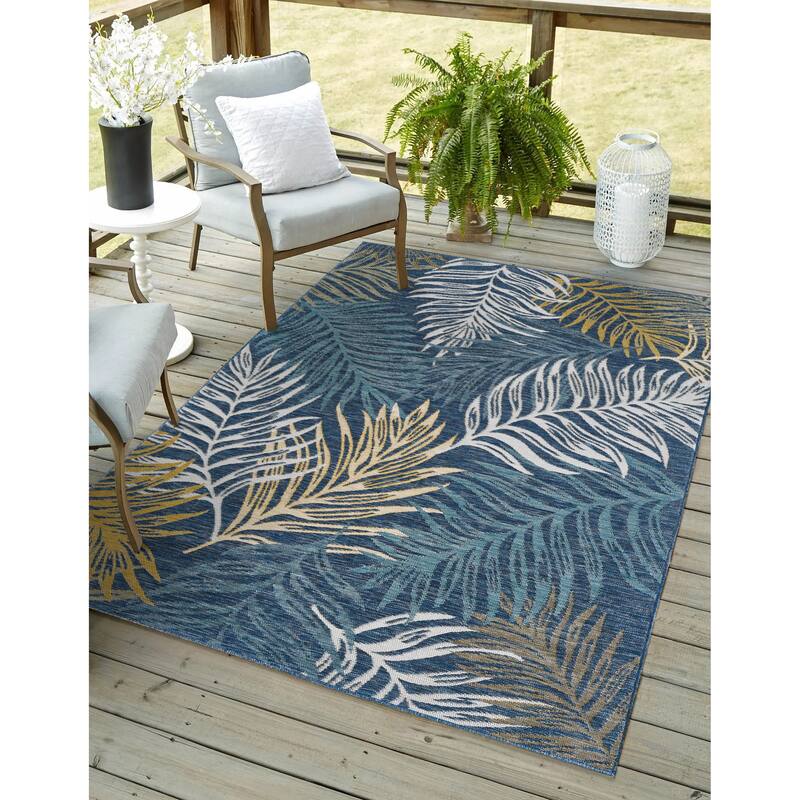 Domani Novarro Palm Beach Tropical Palms Reversible Indoor / Outdoor Area Rug - 6'7" x 9' - Ivory