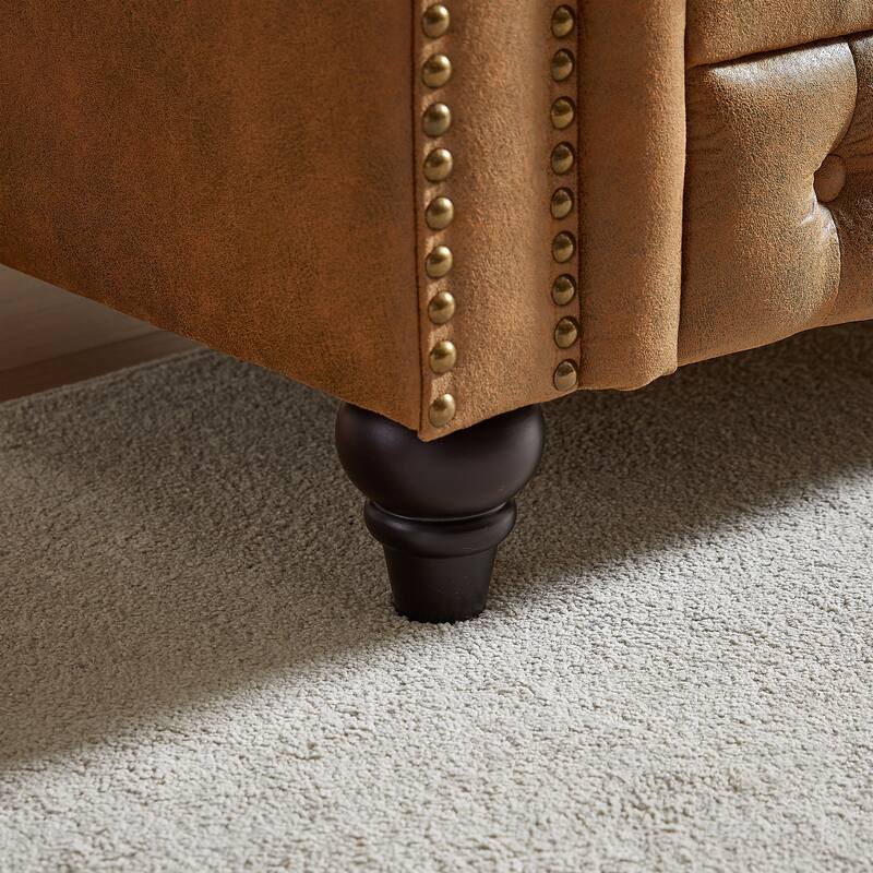 63.5" Contemporary Design Chesterfield Sofa, Brown Fabric, Button Tufted with 2 Pillows