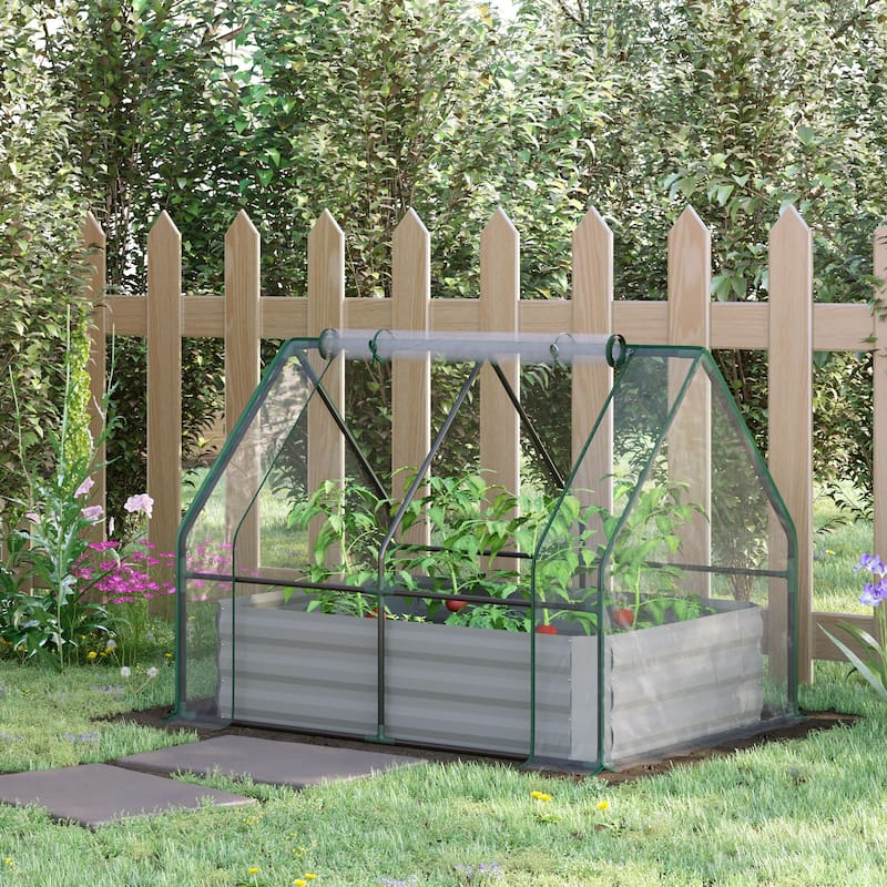 Outsunny Raised Steel Garden Bed with Greenhouse Cover - 50" L x 37.5" W x 36.25" H - Grey