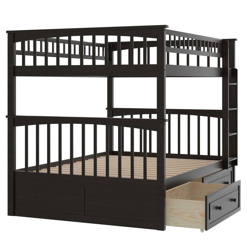 Full or Twin Bunk Bed with Safety Guardrail & 2 Storage Drawers, Convertible Beds Wood Slat Support Bunk Bed