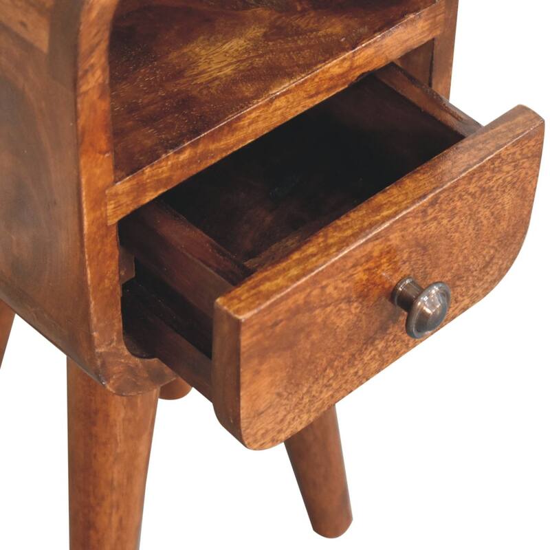 Compact Chestnut Finish Solid Wood Bedside Table with Drawer and Open Slot, Nordic Legs