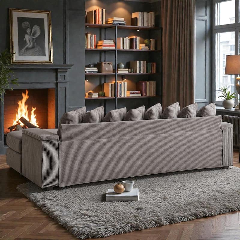 Oversized L Shaped Sectional Sofa with Chaise, Corduroy Upholstered Couch with Armrest Storage and Ottoman