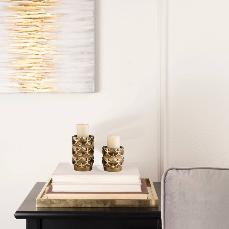 HomeRoots Set Of Two Antiqued Brass Tabletop Pillar Candle Holders - 13