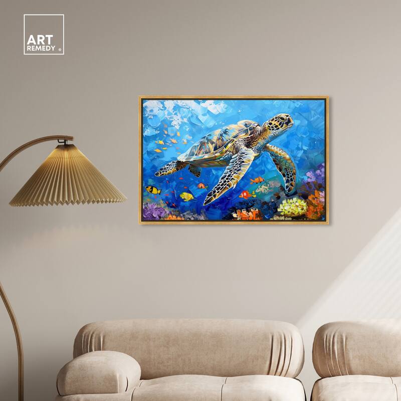 Art Remedy Turtle Swimming Framed Colorful Coastal 1 Piece Canvas Wall Art