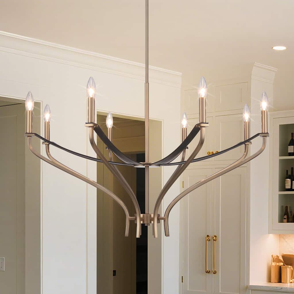 Thesis Sussex 36-inch 8-light Champagne Gold and Black Faux Leather Chandelier - L: 36.5" x W: 36.5" x H: 23" x M-H: 80"