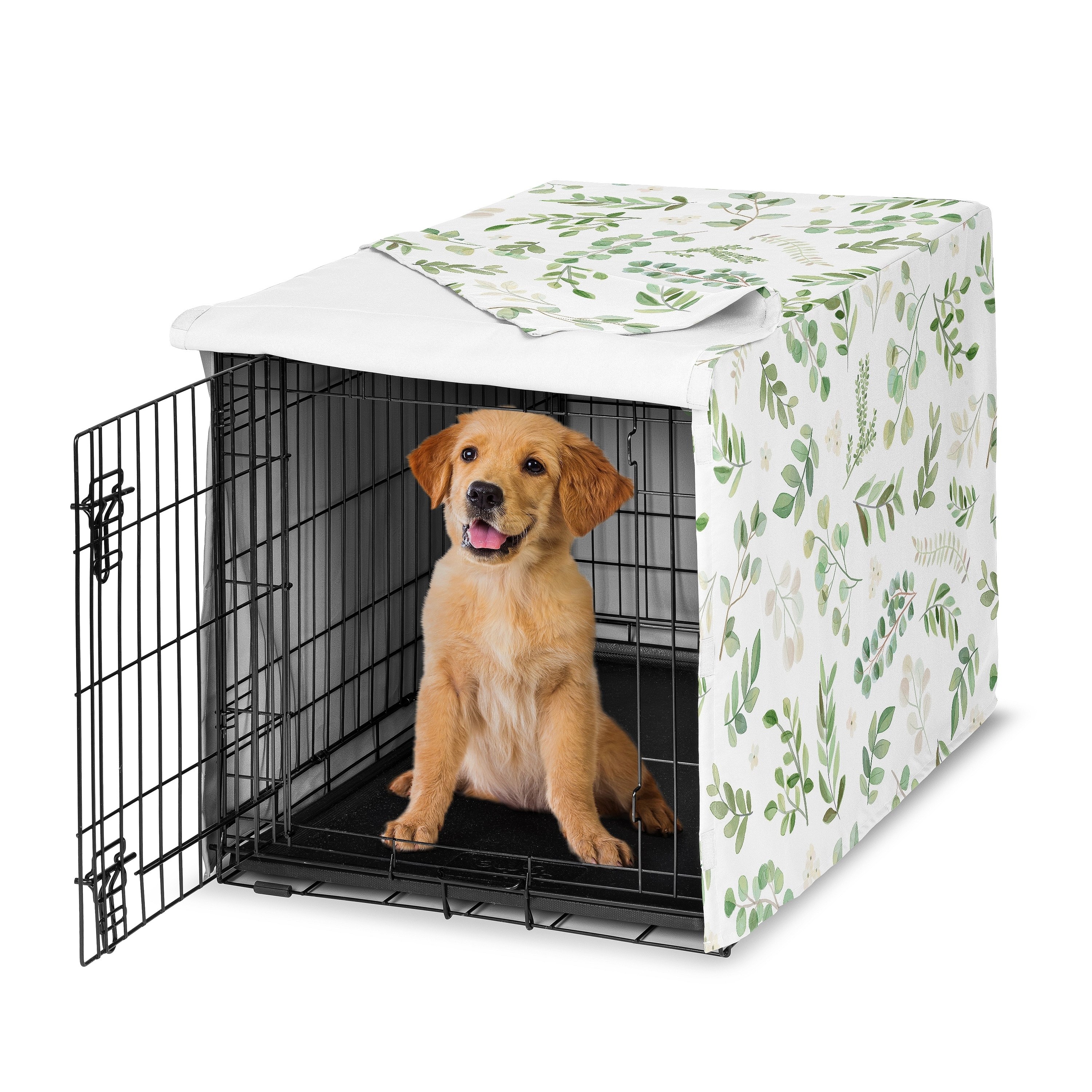 Sweet Jojo Designs Green Boho Floral Leaf Dog Crate Kennel Cover 36in. Neutral Sage White Bohemian Watercolor Botanical Woodland