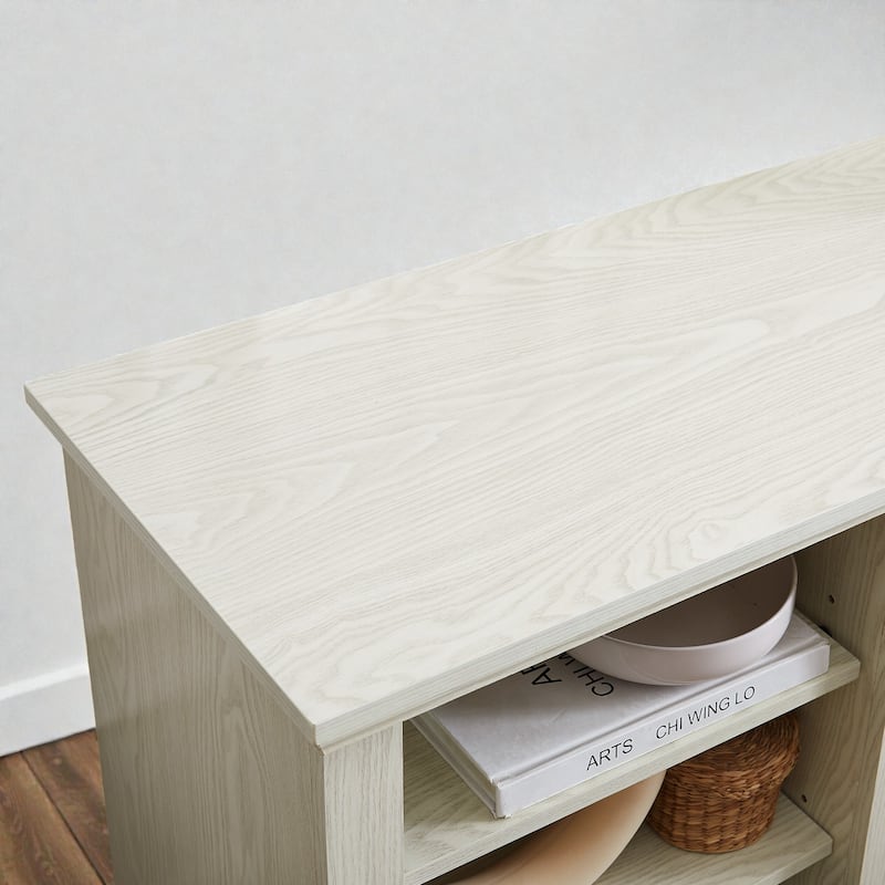 70" White Modern TV Stand with Faux Stacked Stone Surround, Large Media Console Cabinet for TVs up to 75"