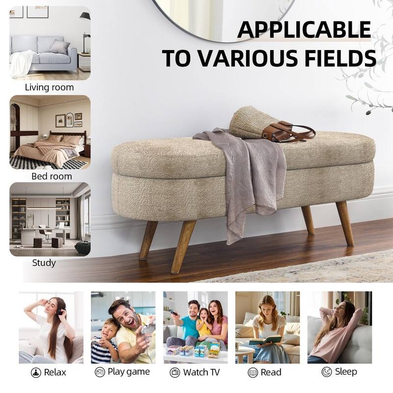 44" Beige Boucle Storage Ottoman Bench for Living Room Bedroom,Oval Storage Bench Ottoman Foot Rest Wood Legs