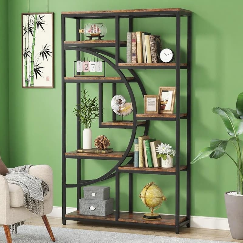 69" Tall Geometric Bookcase with 9 Open Shelves Metal Frame and Marble Laminate Top for Living Room - 37.4”L x 11.81”W x 68.89”H