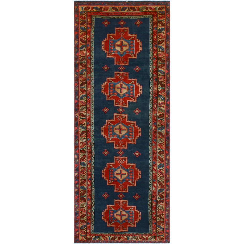 Fine Vintage Distressed Ardalan Navy/Red Runner - 3'9" x 9'11"