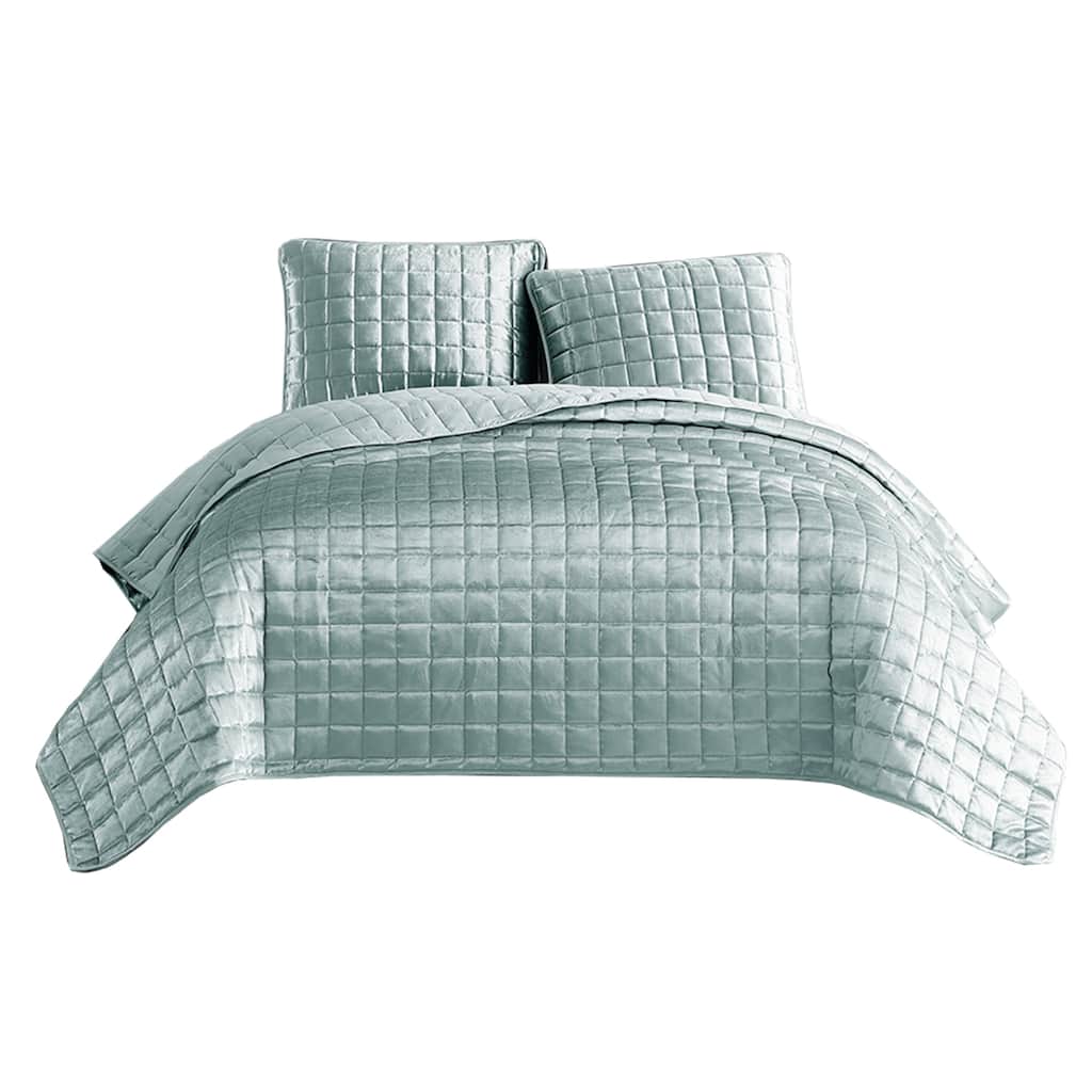 3 Piece Queen Size Coverlet Set with Stitched Square Pattern, Sea Green