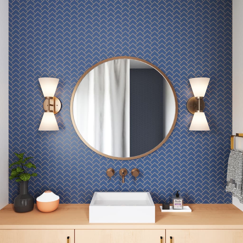 2-Light Vanity Light with Twin Frosted Shade - 15" - Brushed Gold and White