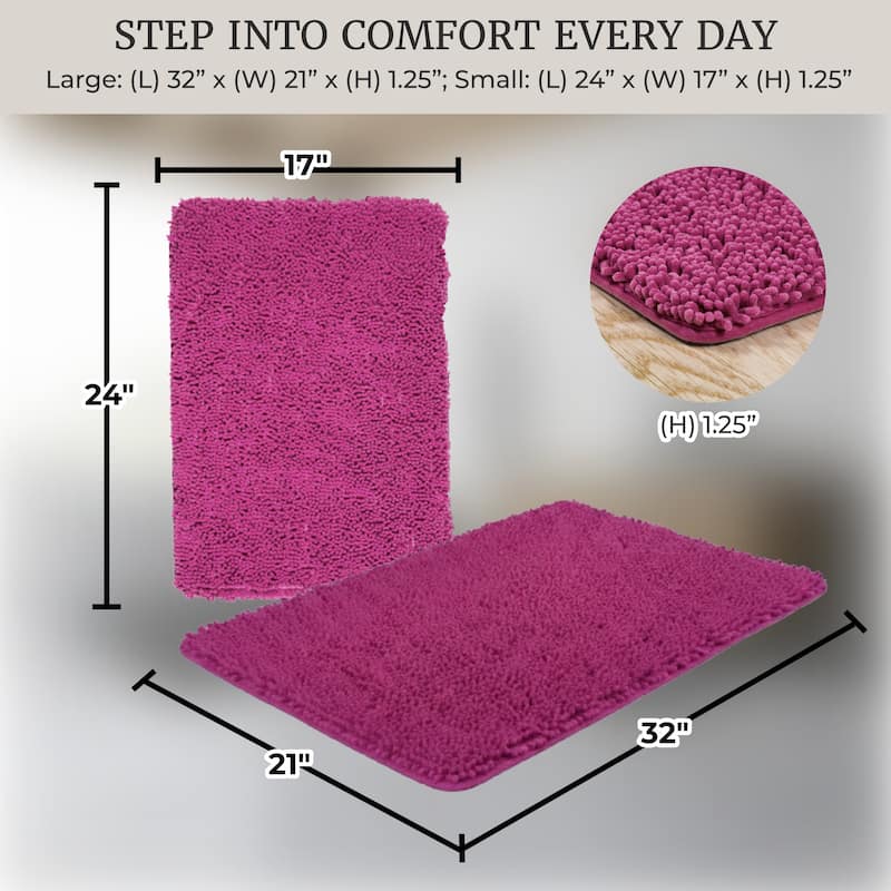 Bathroom Rugs - 2-Piece Memory Foam Bathroom Set with Chenille Shag Top and Non-Slip Base by Windsor Home