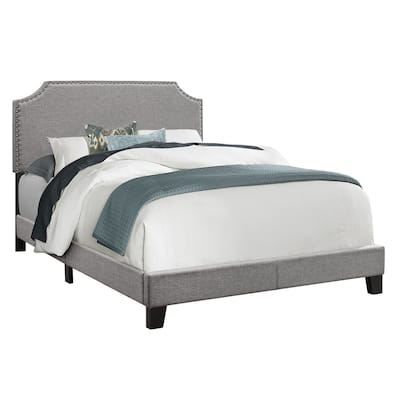 Grey Faux Leather Full Size Upholstered Bed Frame and Panel Headboard