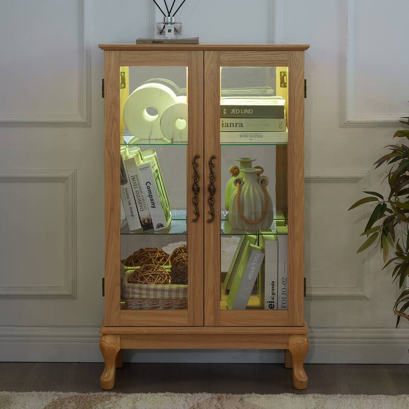 Elegant Light Oak Curio Cabinet Tempered Glass LED Light Mirrored Back Adjustable Shelves