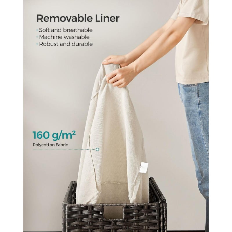 Portable Wicker Basket with Lid Waterproof Foldable Laundry Hamper with Washable Liner and Cut-Out Handles