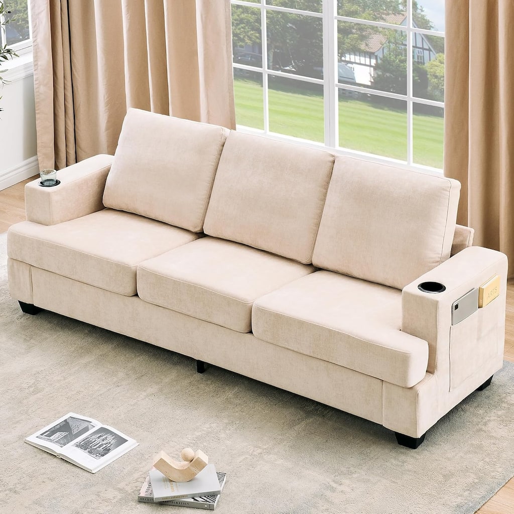89" 3-Seater Sofa, Deep Seat Sofa, Modern Comfy Couches for Living Room with Cup Holders