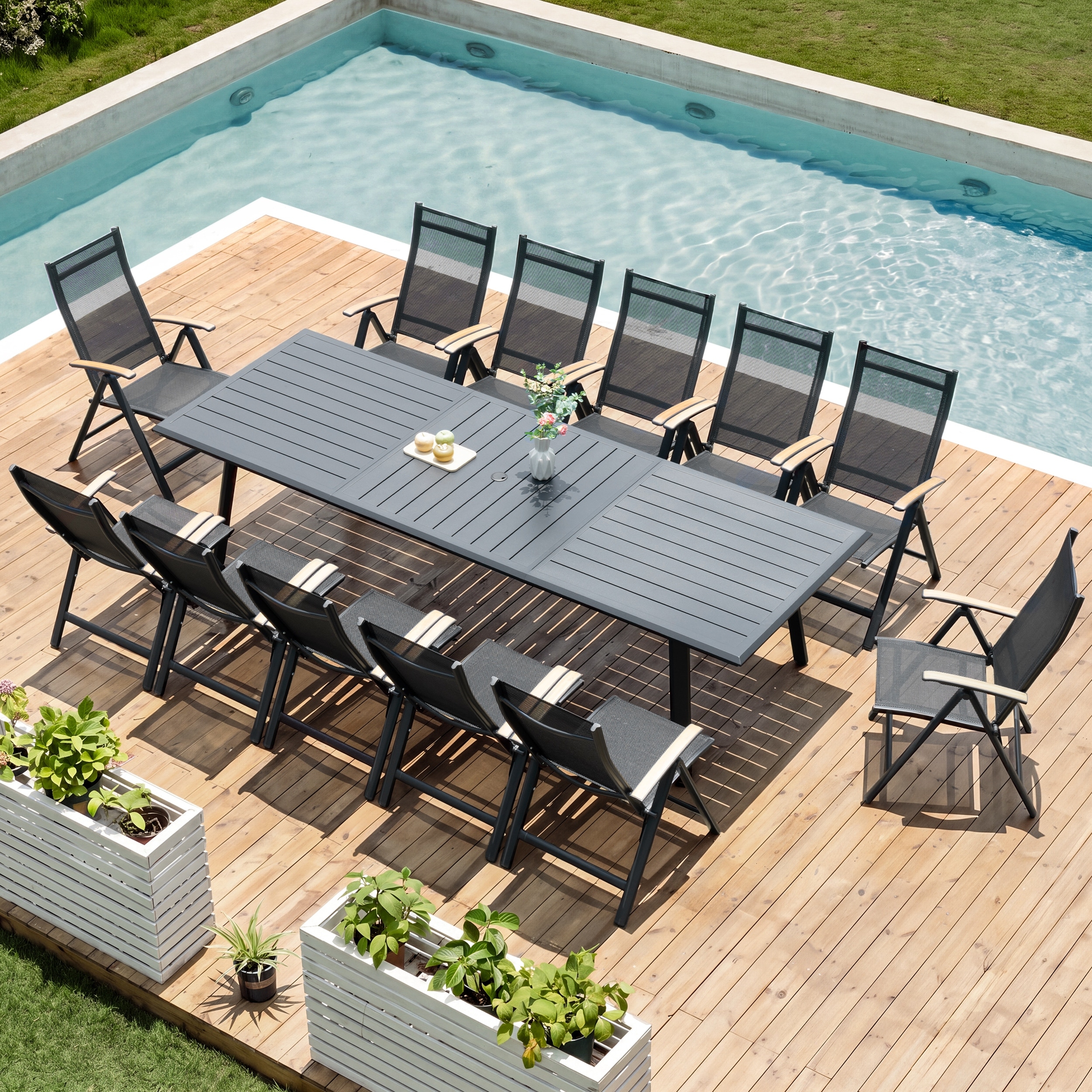 9/11/13-Piece Luxury Outdoor Dining Set All-Weather Aluminum Patio Furniture Foldable Chairs