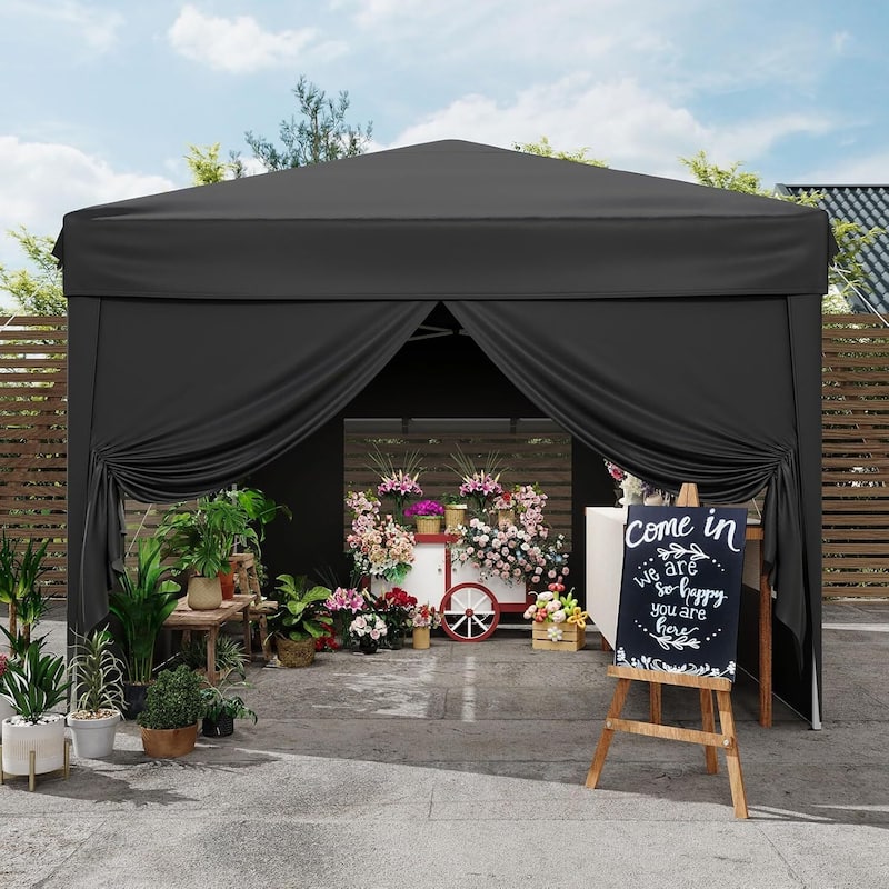 10x10FT Outdoor Pop Up Tent Canopy with 4 Sidewalls SandBag & Carry Bag for Camping, Backyard Parties - Black