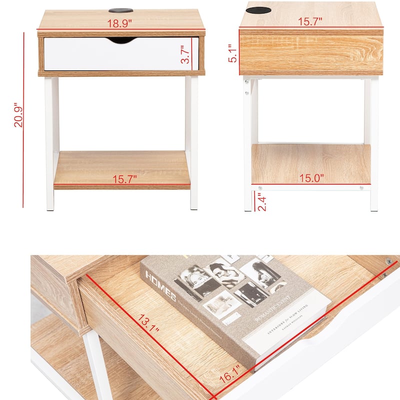 JJS Nightstand with Drawer & Shelves Bedside Table, End Table for Bedroom, Living Room Compact Storage Side Table