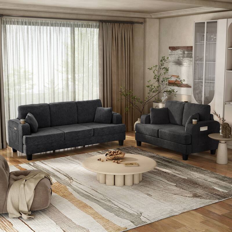 Furniture of America Xenia Modern 2-Piece Chenille Sofa Set with Cup Holders and USB Ports - Dark Grey