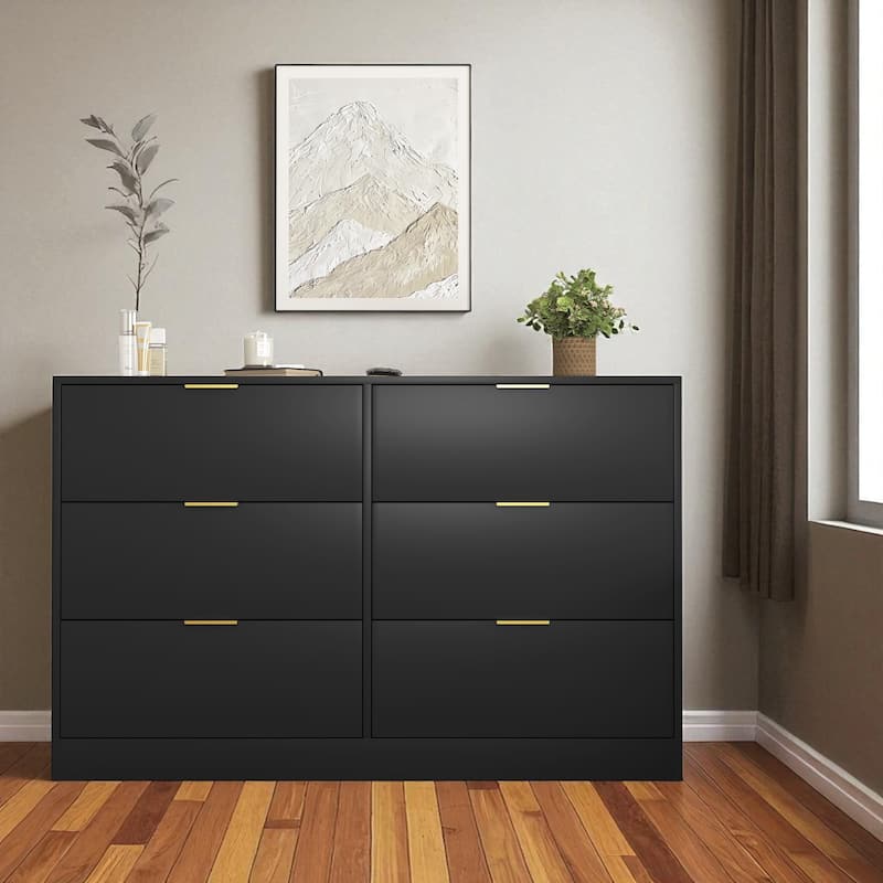 Modern 6 Drawer Dresser, 47" Wide Storage Cabinet, Wooden Chest of Drawers for Bedroom and Entryway - Black