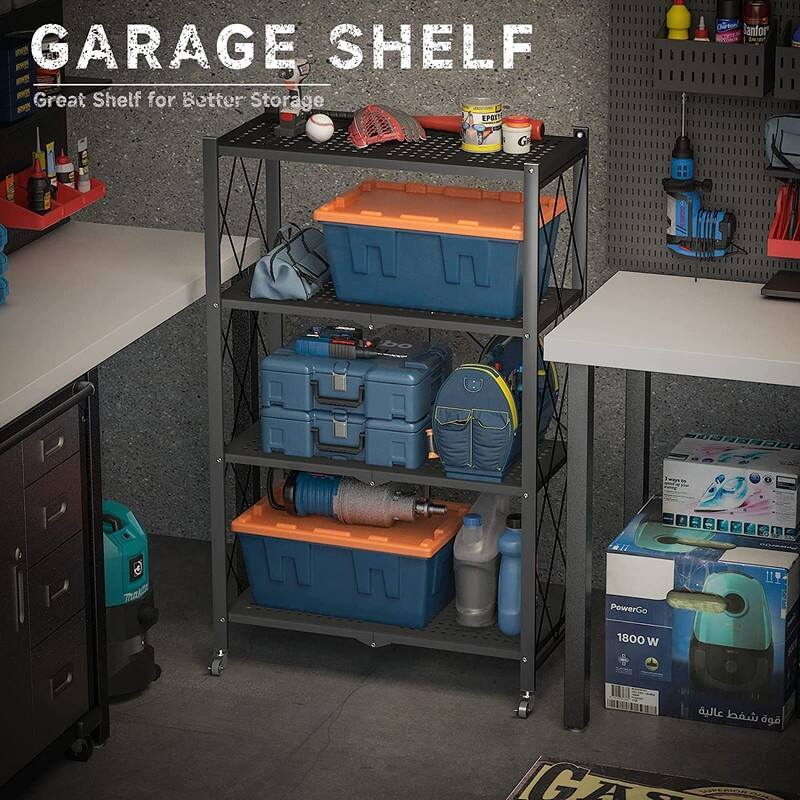 4-Tier Foldable Metal Rack Storage Shelving Unit for Garage Kitchen