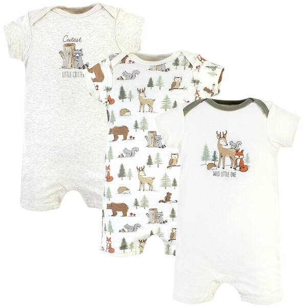 slide 1 of 1, Hudson Baby Infant Boy Cotton Rompers, Forest Animals 0 - 3 Months - Green/White