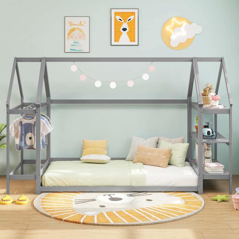 Costway Twin Size House Bed Montessori Floor Bed with Detachable