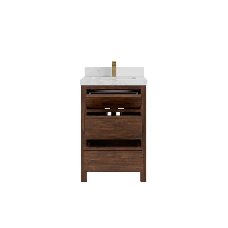 Willow Collections 24 x 22 Elizabeth Teak Single Bowl Sink Bathroom Vanity with Quartz or Marble Countertop